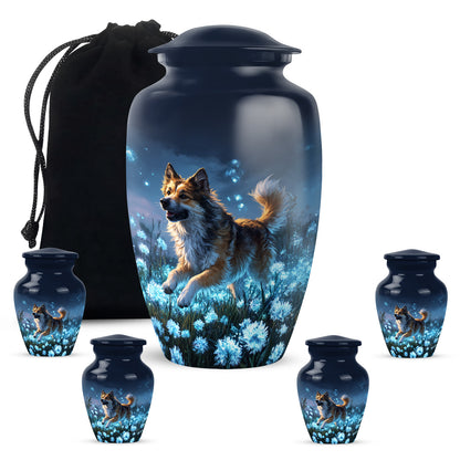 Powder Blue Dog Cremation Urn top-down view of secure threaded lid - classic sculpted dog pattern on smooth aluminum - memorial set with one large and four small urns