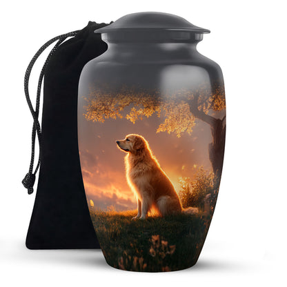 Onyx Black Dog Cremation Urn angled view of lid and engraved motif - traditional dog engraving with hand-polished finish - full-size 10 inch 200 cubic inch adult cremation urn