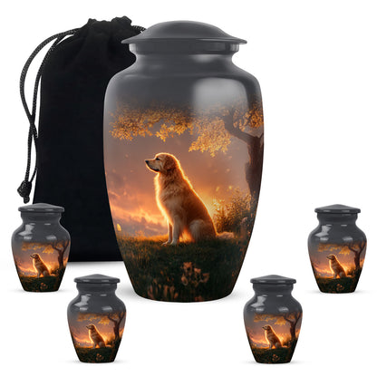 Dark Black Dog Cremation Urn top-down view of secure threaded lid - traditional dog engraving with hand-polished finish - memorial set with one large and four small urns
