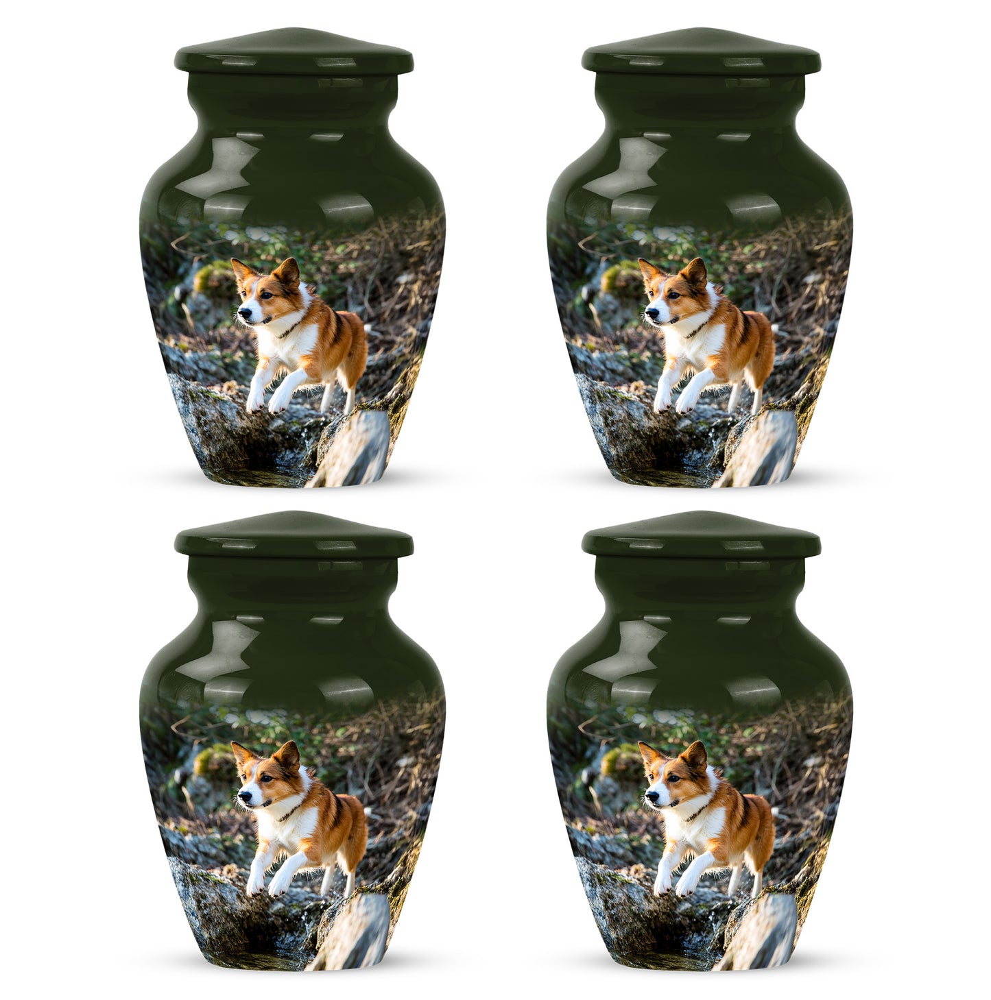 Mint Green Dog Cremation Urn side profile showing urn shape - traditional dog engraving with hand-polished finish - 10 inch aluminum urn for cremated remains