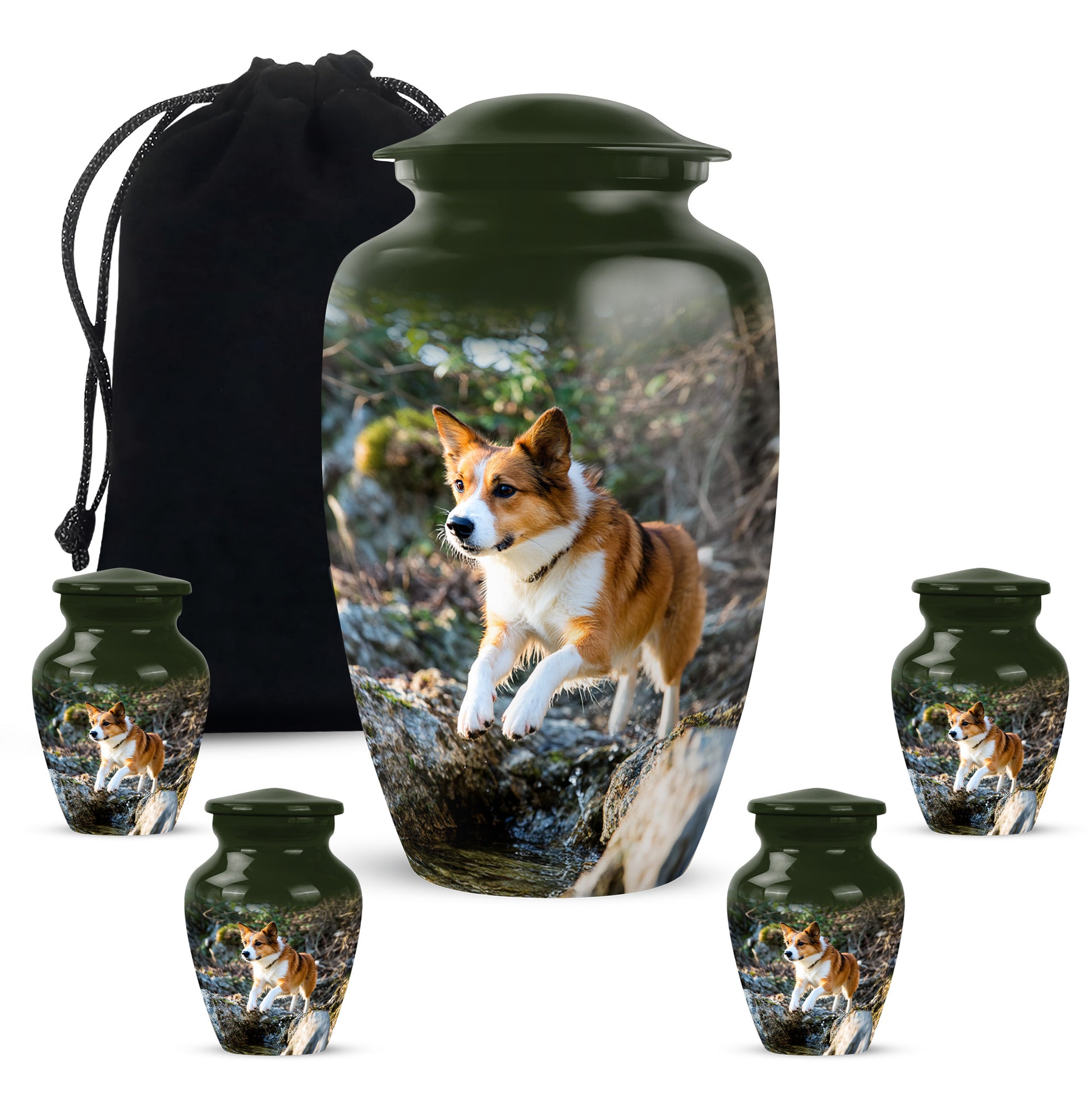Moss Green Dog Cremation Urn top-down view of secure threaded lid - timeless dog motif etched into premium metal - memorial set with one large and four small urns