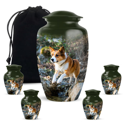 Moss Green Dog Cremation Urn top-down view of secure threaded lid - timeless dog motif etched into premium metal - memorial set with one large and four small urns