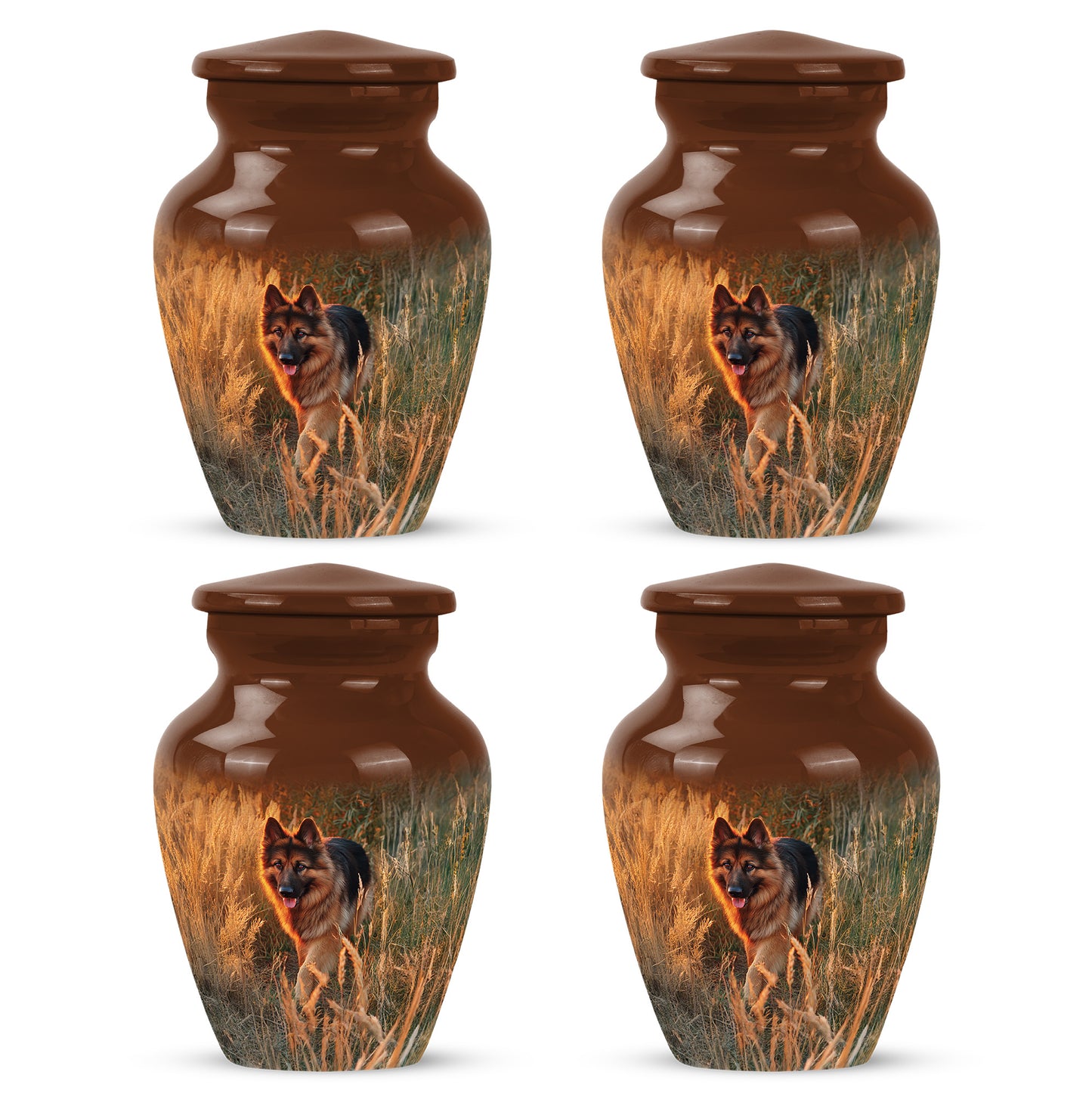Royal Gold Dog Cremation Urn side profile showing urn shape - traditional dog engraving with hand-polished finish - 10 inch aluminum urn for cremated remains