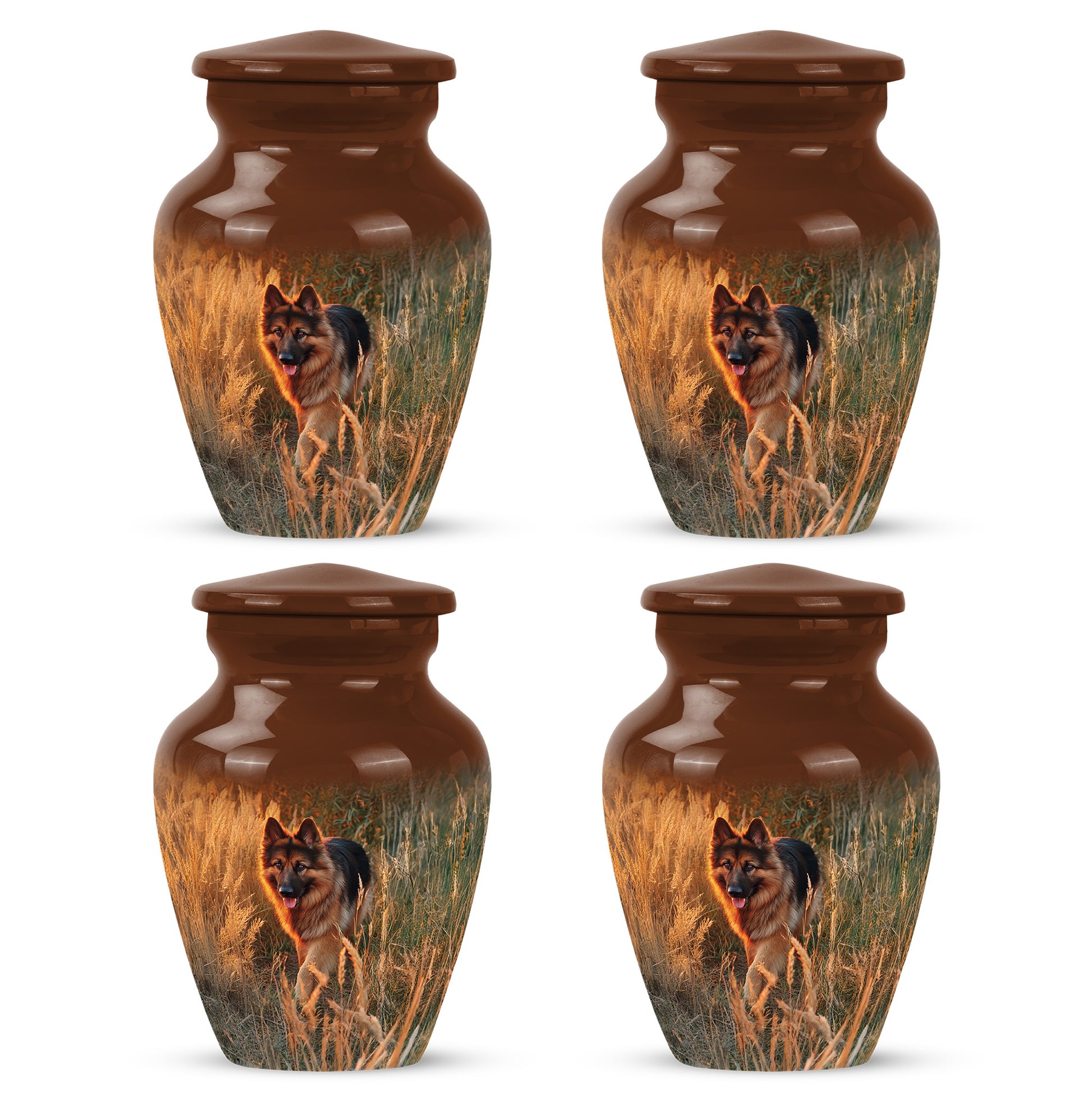 Royal Gold Dog Cremation Urn side profile showing urn shape - traditional dog engraving with hand-polished finish - 10 inch aluminum urn for cremated remains