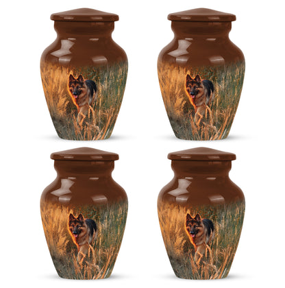 Royal Gold Dog Cremation Urn side profile showing urn shape - traditional dog engraving with hand-polished finish - 10 inch aluminum urn for cremated remains