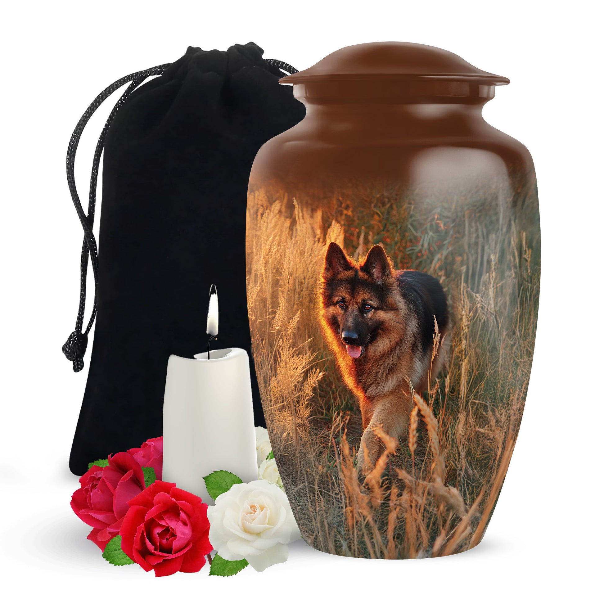 Gilded Gold Dog Cremation Urn angled view of lid and engraved motif - timeless dog motif etched into premium metal - full-size 10 inch 200 cubic inch adult cremation urn