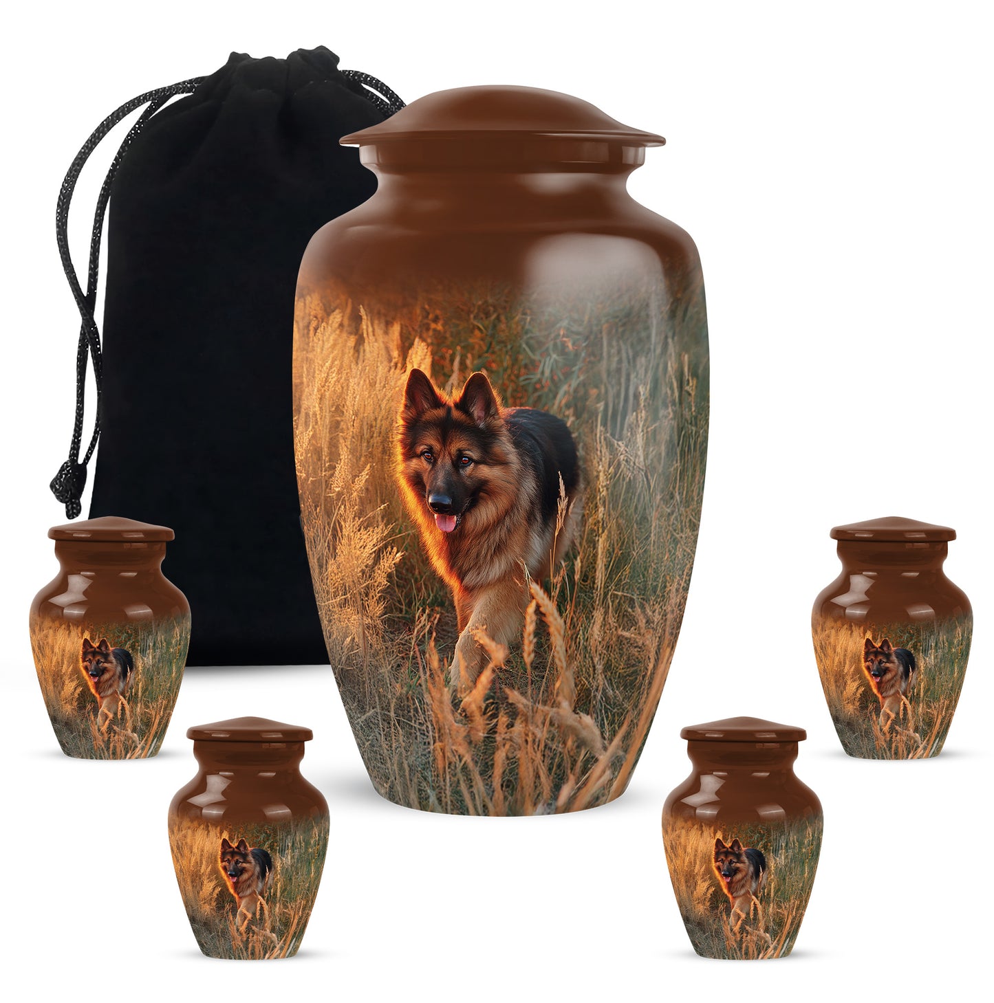 Amber Gold Dog Cremation Urn top-down view of secure threaded lid - timeless dog motif etched into premium metal - memorial set with one large and four small urns