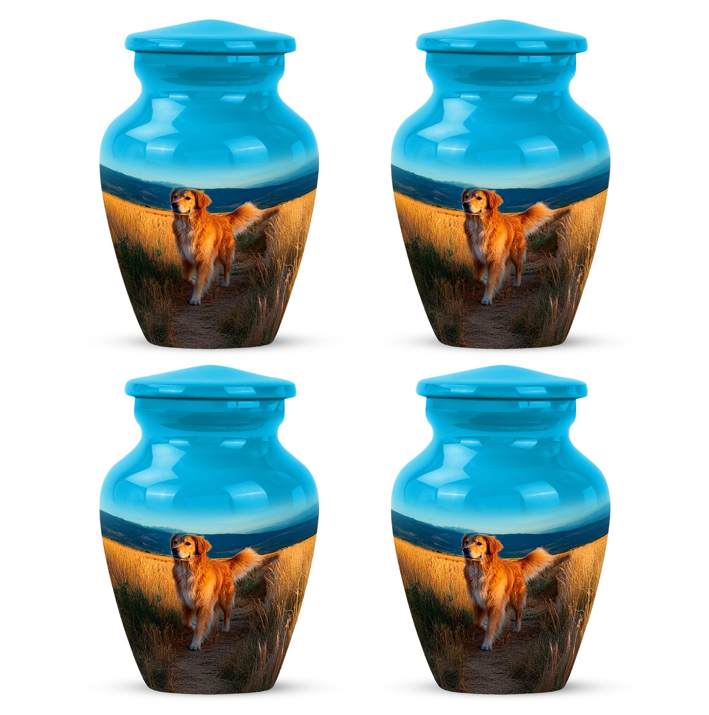 Aqua Teal Dog Cremation Urn side profile showing urn shape - traditional dog engraving with hand-polished finish - 10 inch aluminum urn for cremated remains