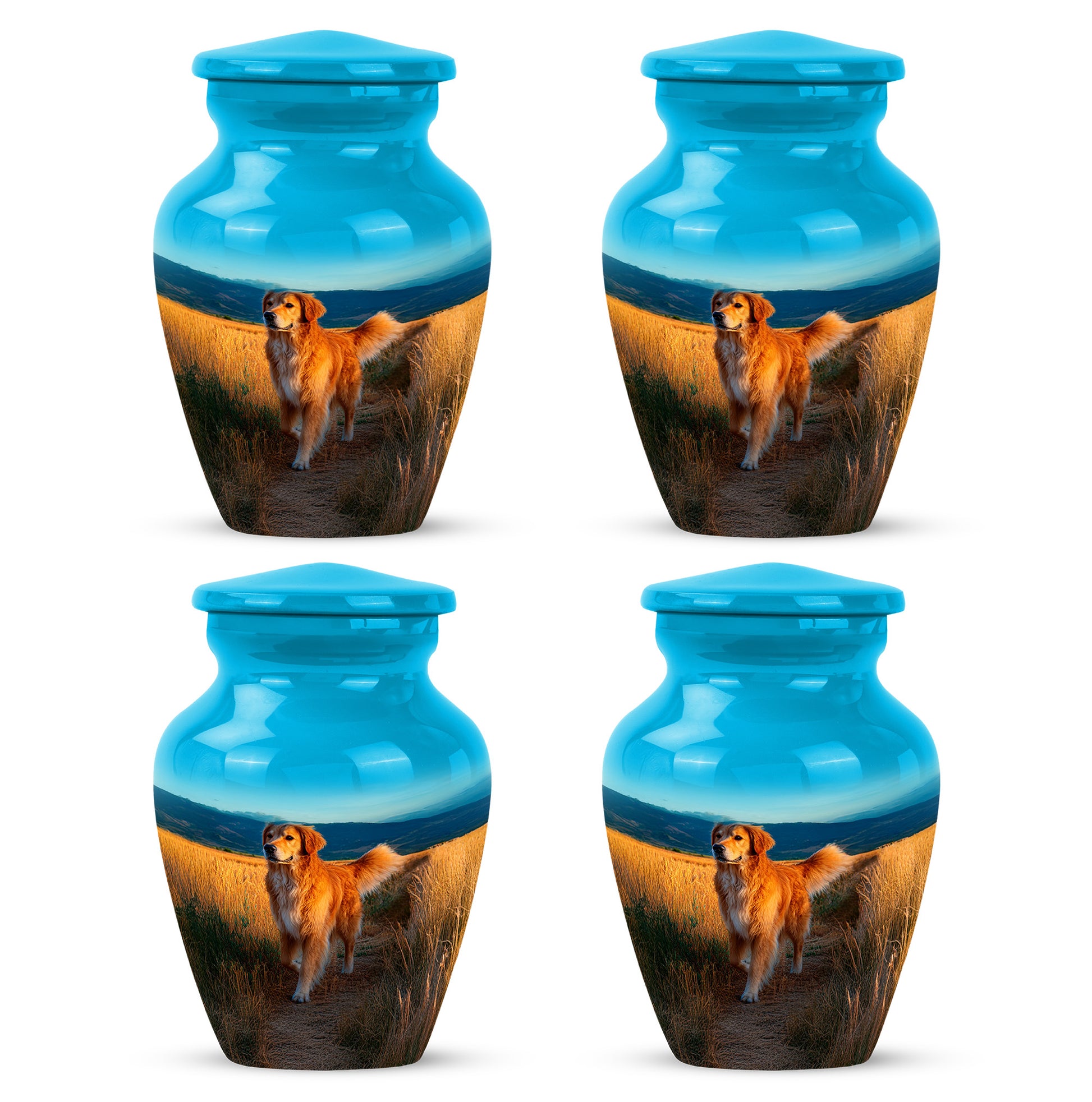 Aqua Teal Dog Cremation Urn side profile showing urn shape - traditional dog engraving with hand-polished finish - 10 inch aluminum urn for cremated remains