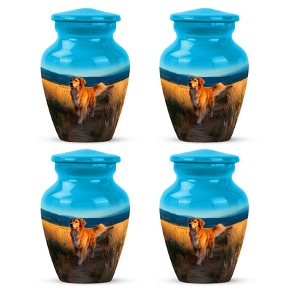 Aqua Teal Dog Cremation Urn side profile showing urn shape - traditional dog engraving with hand-polished finish - 10 inch aluminum urn for cremated remains