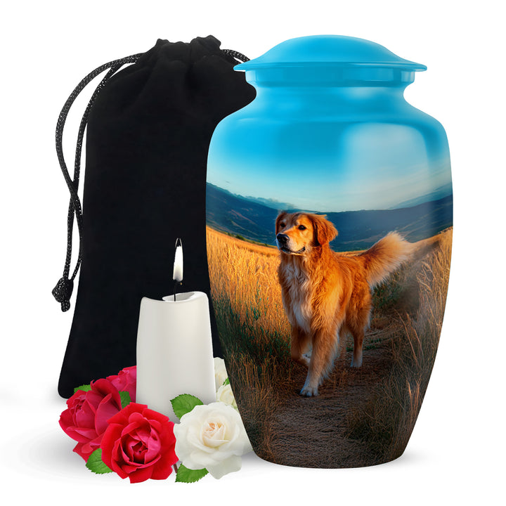 Jewel Teal Dog Cremation Urn angled view of lid and engraved motif - classic sculpted dog pattern on smooth aluminum - full-size 10 inch 200 cubic inch adult cremation urn