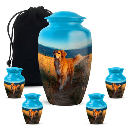 Cool Teal Dog Cremation Urn top-down view of secure threaded lid - timeless dog motif etched into premium metal - memorial set with one large and four small urns