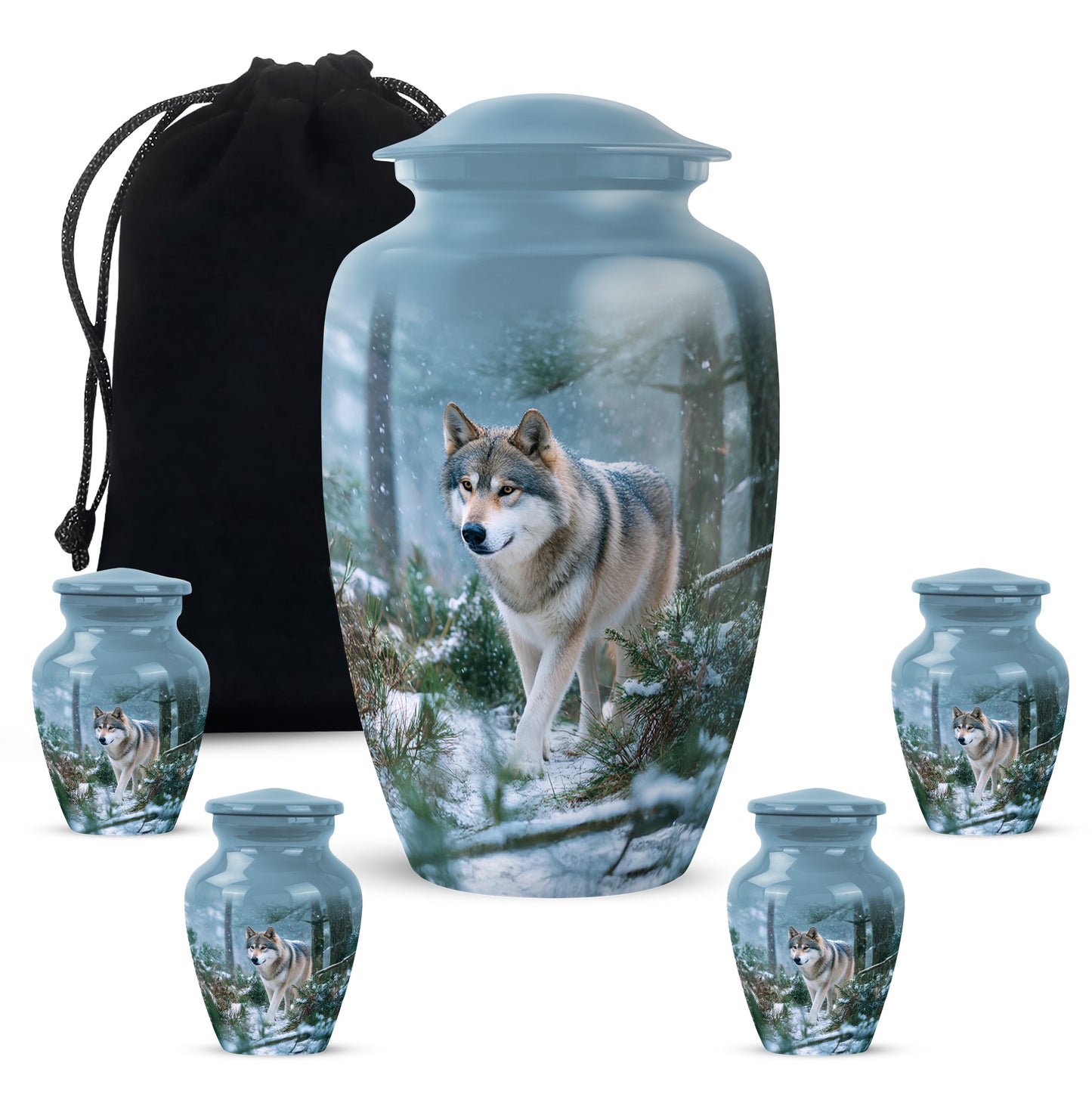 Celestial Blue Dog Cremation Urn top-down view of secure threaded lid - timeless dog motif etched into premium metal - memorial set with one large and four small urns