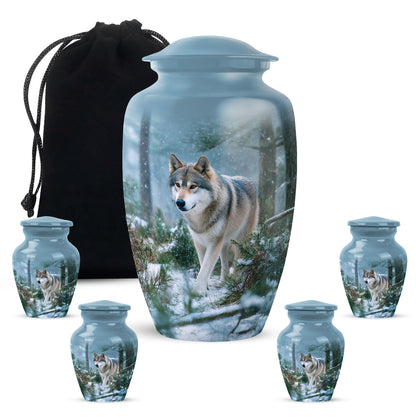Celestial Blue Dog Cremation Urn top-down view of secure threaded lid - timeless dog motif etched into premium metal - memorial set with one large and four small urns