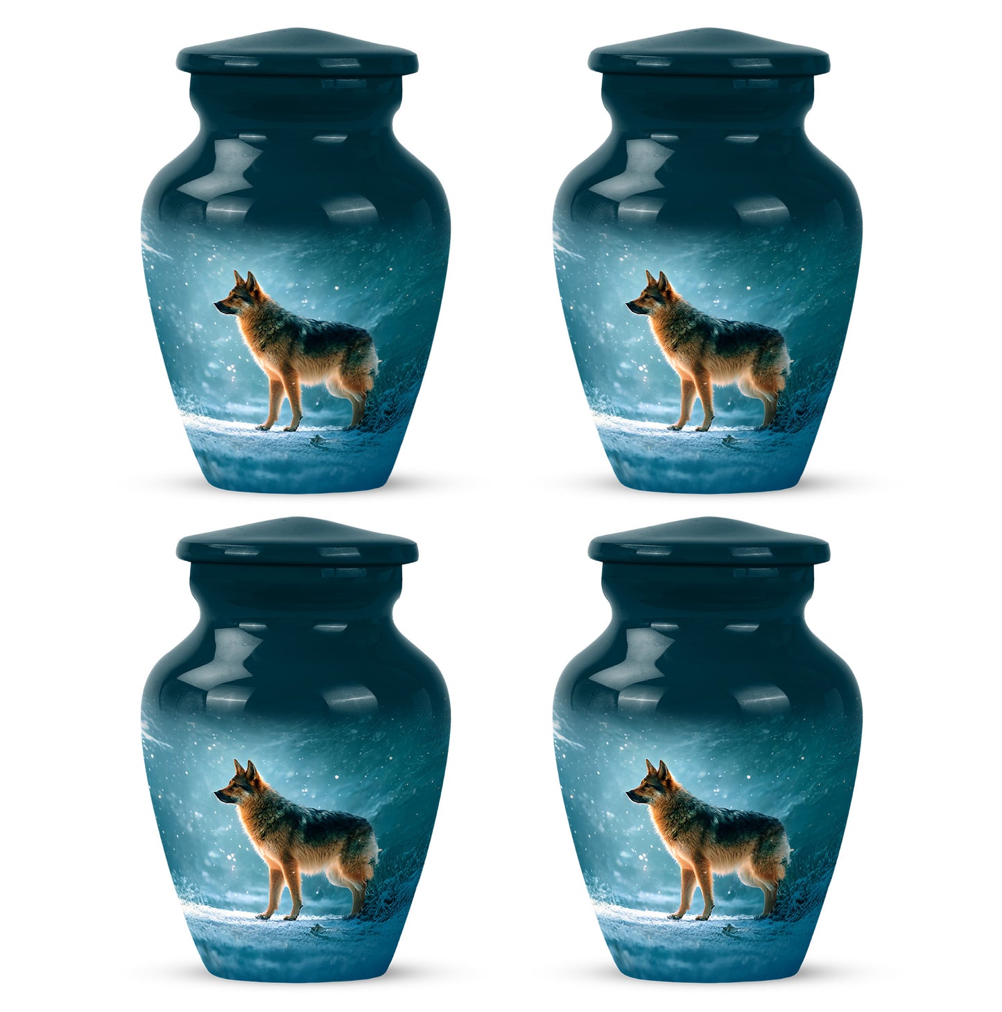Soft Teal Dog Cremation Urn side profile showing urn shape - classic sculpted dog pattern on smooth aluminum - 10 inch aluminum urn for cremated remains