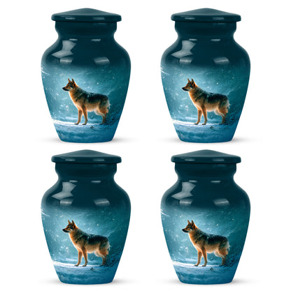 Soft Teal Dog Cremation Urn side profile showing urn shape - classic sculpted dog pattern on smooth aluminum - 10 inch aluminum urn for cremated remains