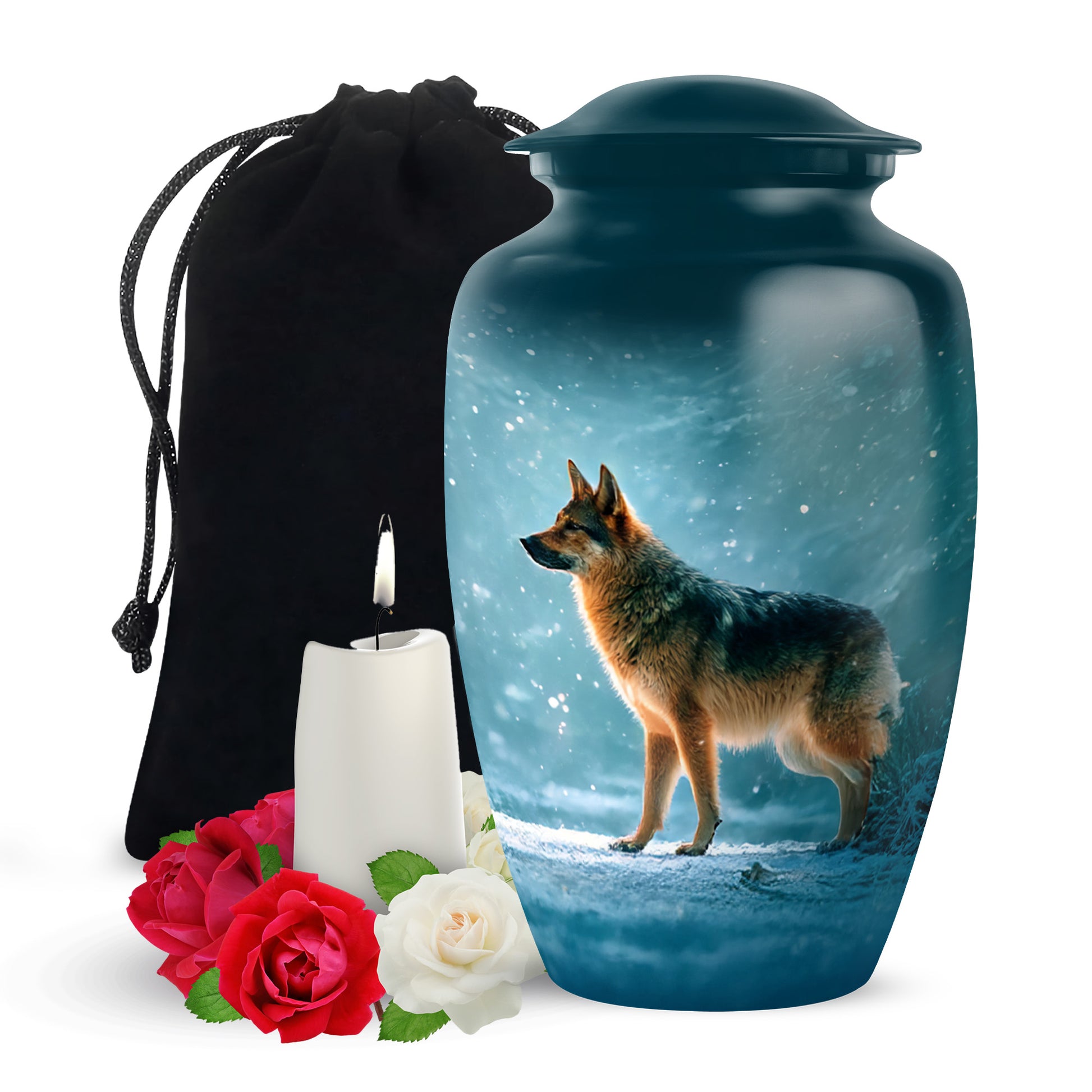 Sea Green Teal Dog Cremation Urn angled view of lid and engraved motif - classic sculpted dog pattern on smooth aluminum - full-size 10 inch 200 cubic inch adult cremation urn