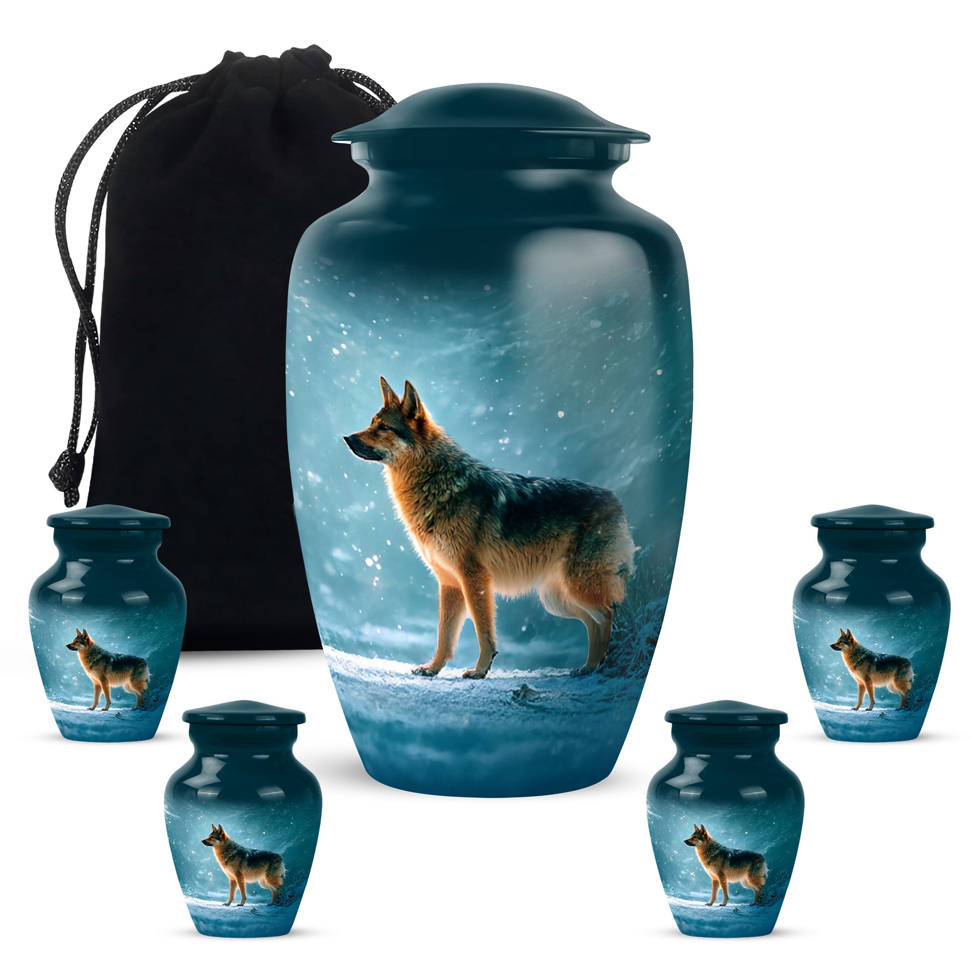 Vivid Teal Dog Cremation Urn top-down view of secure threaded lid - traditional dog engraving with hand-polished finish - memorial set with one large and four small urns