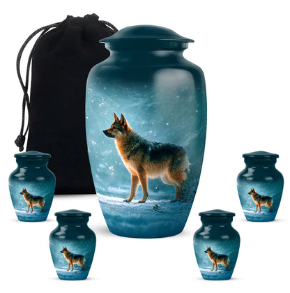 Vivid Teal Dog Cremation Urn top-down view of secure threaded lid - traditional dog engraving with hand-polished finish - memorial set with one large and four small urns