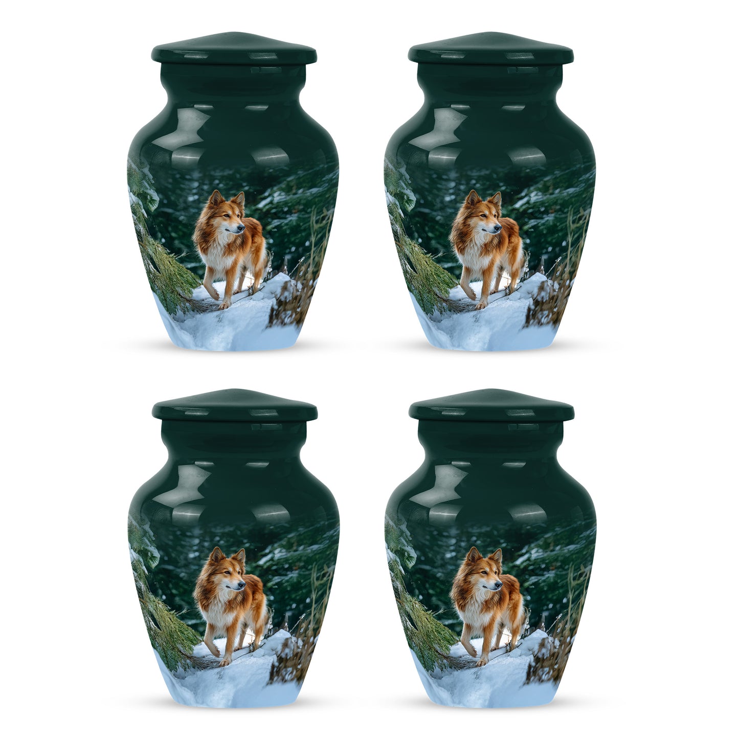 Aqua Teal Dog Cremation Urn side profile showing urn shape - elegant classic dog relief with fine detailing - 10 inch aluminum urn for cremated remains