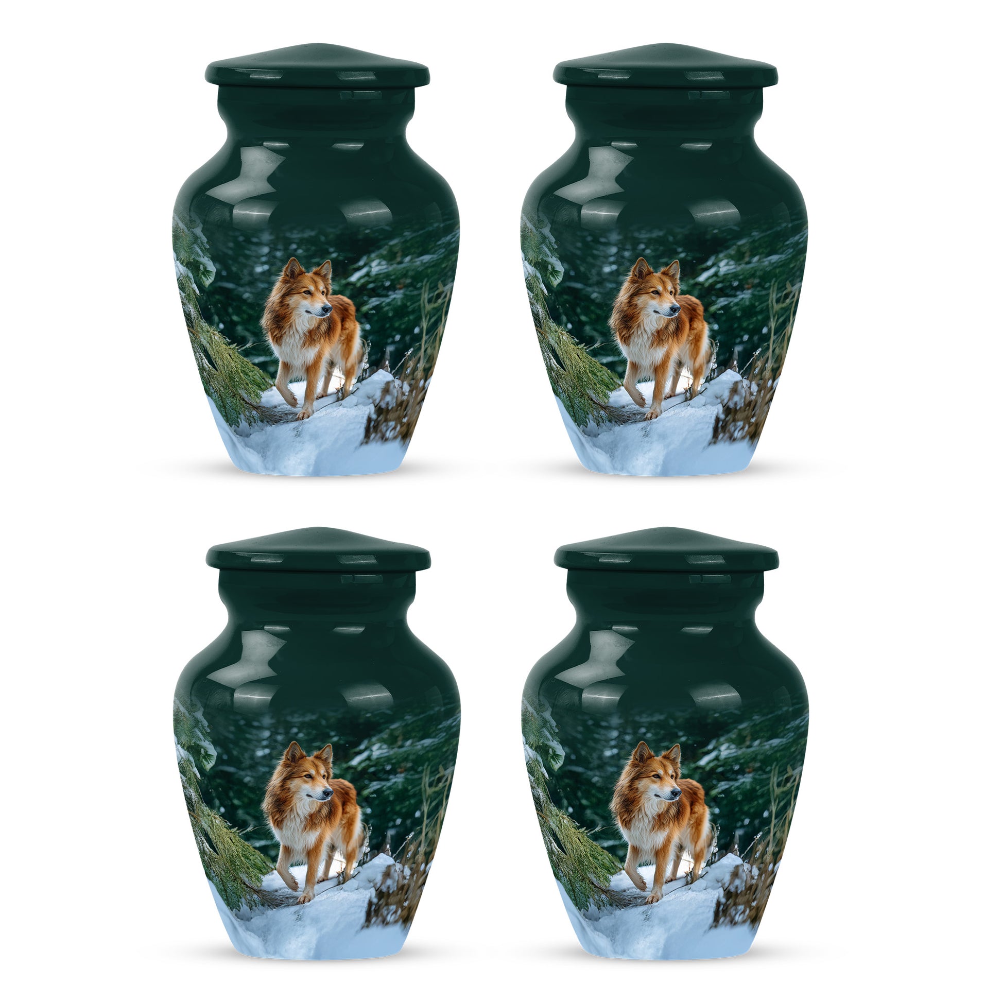 Aqua Teal Dog Cremation Urn side profile showing urn shape - elegant classic dog relief with fine detailing - 10 inch aluminum urn for cremated remains