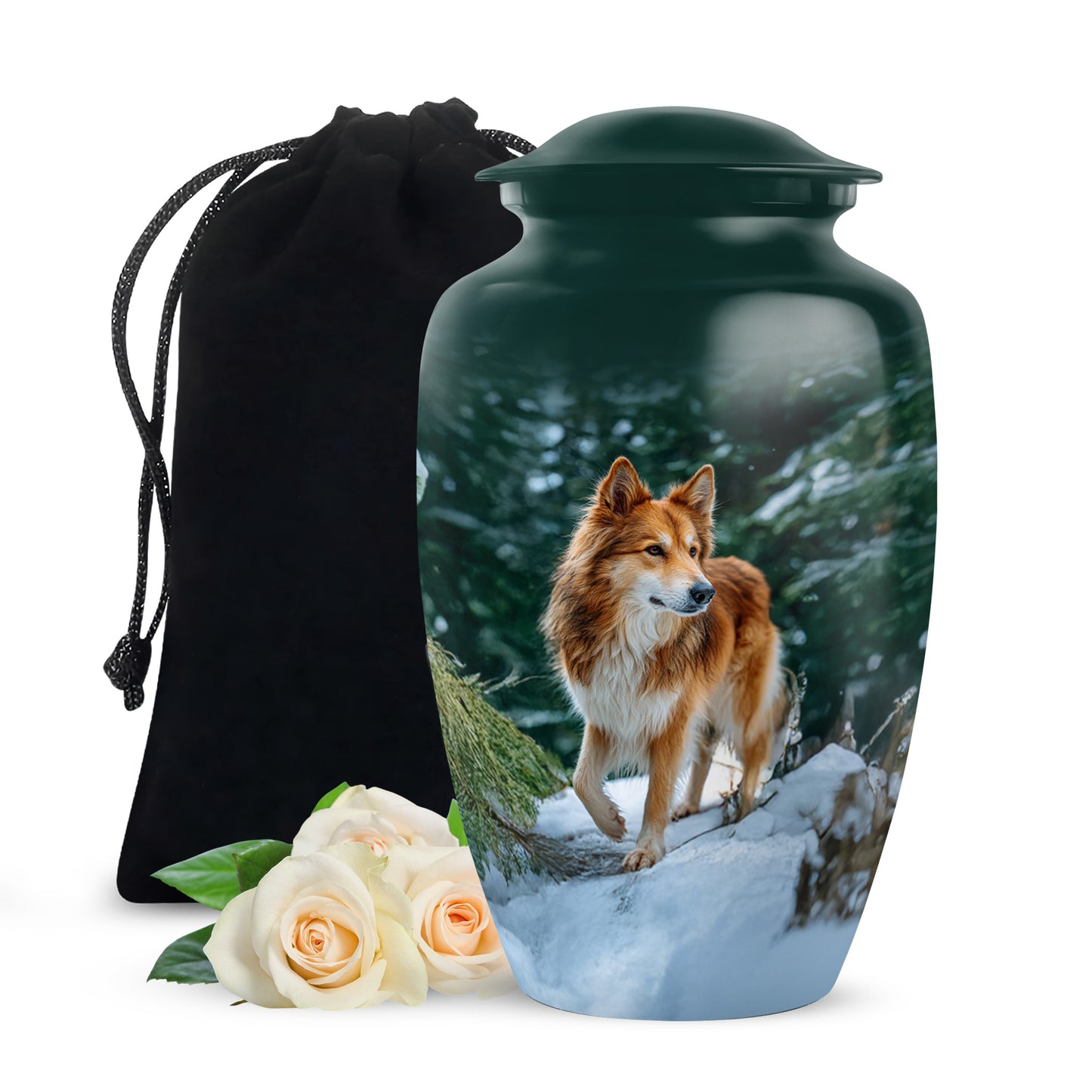 Sea Green Teal Dog Cremation Urn angled view of lid and engraved motif - classic sculpted dog pattern on smooth aluminum - full-size 10 inch 200 cubic inch adult cremation urn