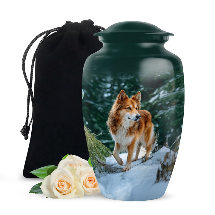Sea Green Teal Dog Cremation Urn angled view of lid and engraved motif - classic sculpted dog pattern on smooth aluminum - full-size 10 inch 200 cubic inch adult cremation urn