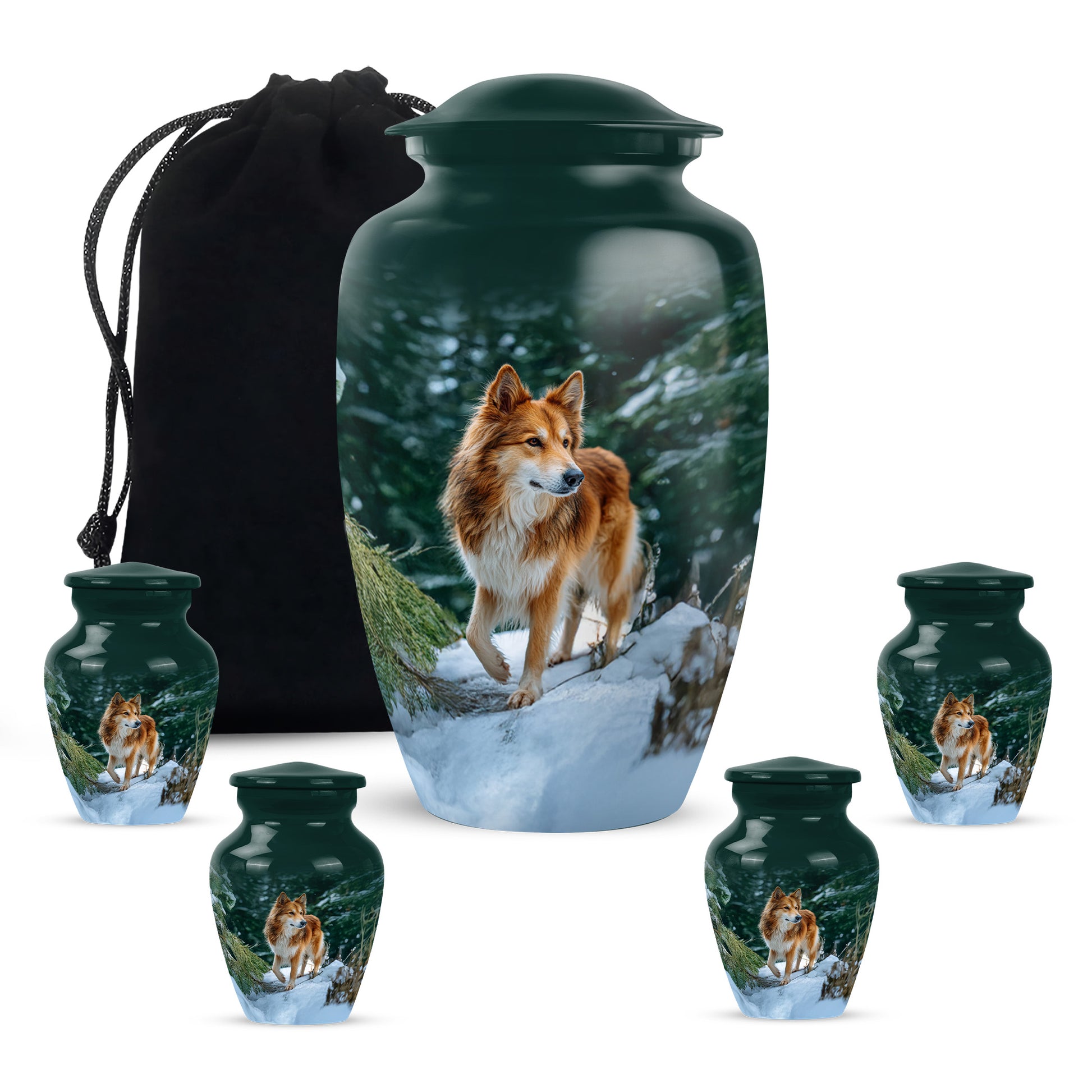 Ocean Teal Dog Cremation Urn top-down view of secure threaded lid - classic sculpted dog pattern on smooth aluminum - memorial set with one large and four small urns