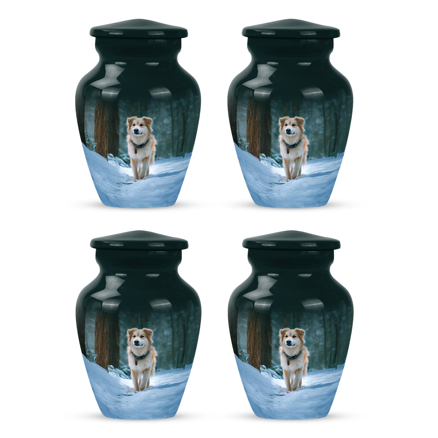 Soft Teal Dog Cremation Urn side profile showing urn shape - timeless dog motif etched into premium metal - 10 inch aluminum urn for cremated remains