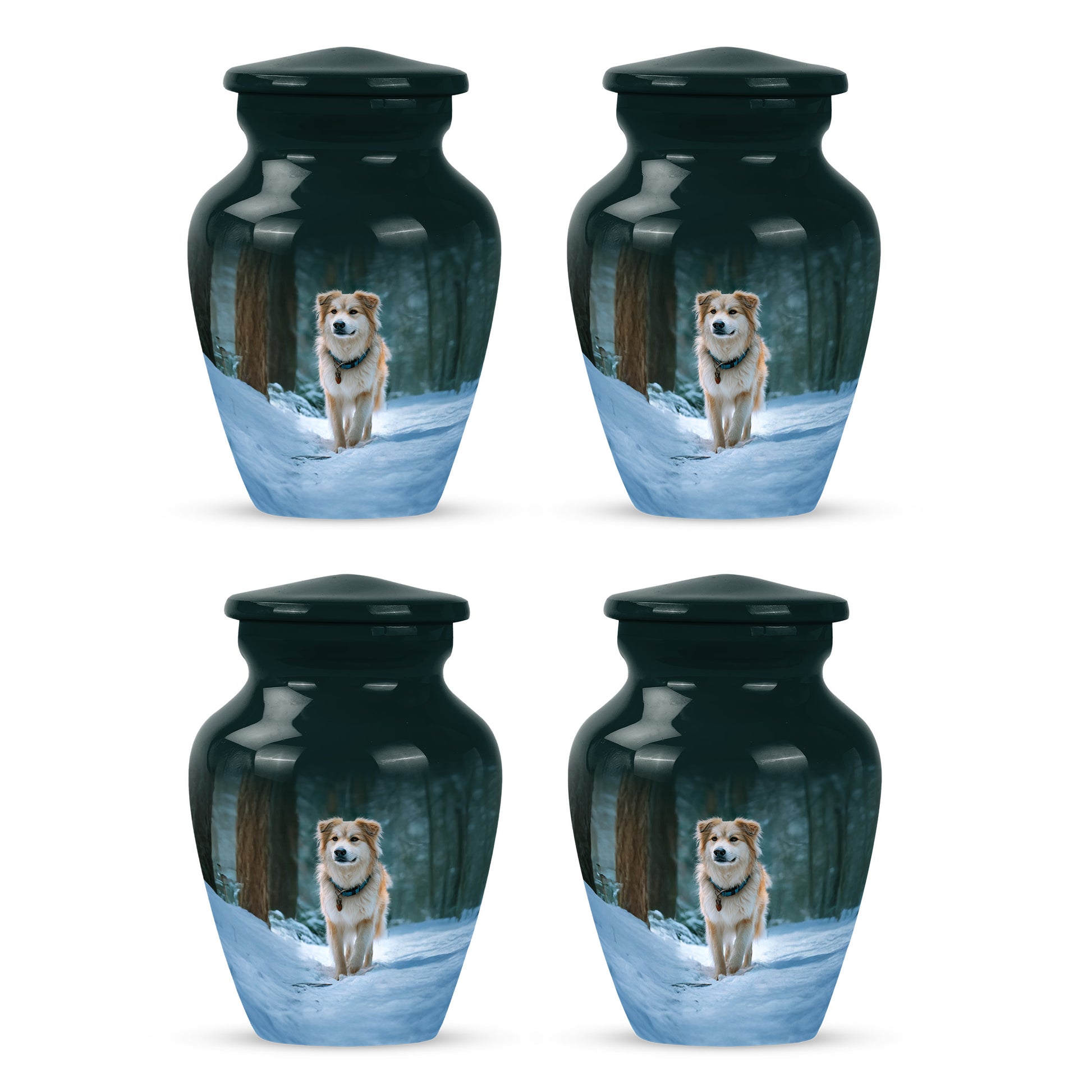 Soft Teal Dog Cremation Urn side profile showing urn shape - timeless dog motif etched into premium metal - 10 inch aluminum urn for cremated remains