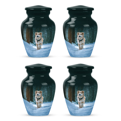 Soft Teal Dog Cremation Urn side profile showing urn shape - timeless dog motif etched into premium metal - 10 inch aluminum urn for cremated remains