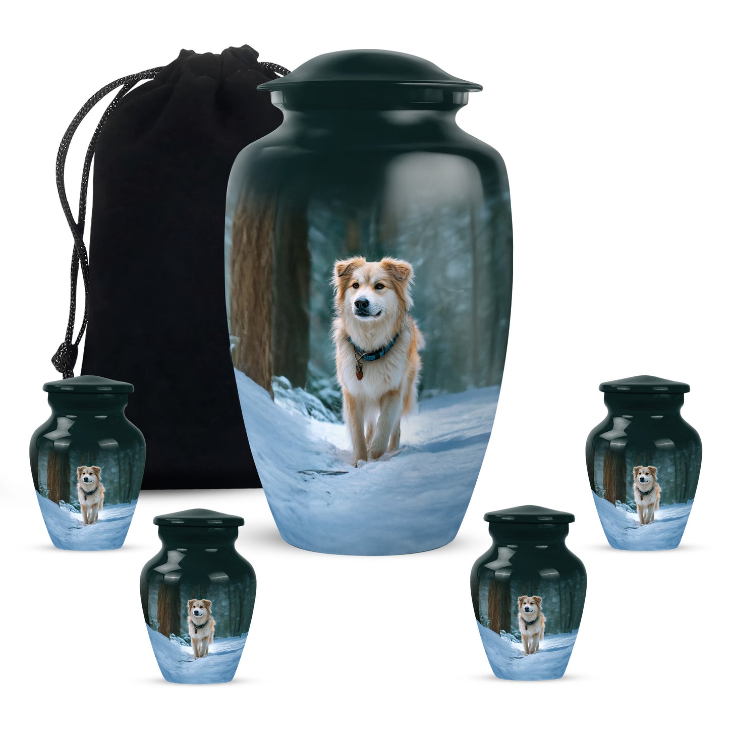 Soft Teal Dog Cremation Urn top-down view of secure threaded lid - classic sculpted dog pattern on smooth aluminum - memorial set with one large and four small urns