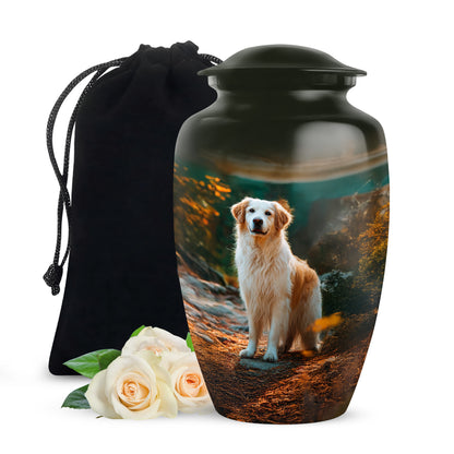 Rich Black Dog Cremation Urn angled view of lid and engraved motif - classic sculpted dog pattern on smooth aluminum - full-size 10 inch 200 cubic inch adult cremation urn