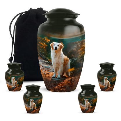 Glossy Black Dog Cremation Urn top-down view of secure threaded lid - classic sculpted dog pattern on smooth aluminum - memorial set with one large and four small urns