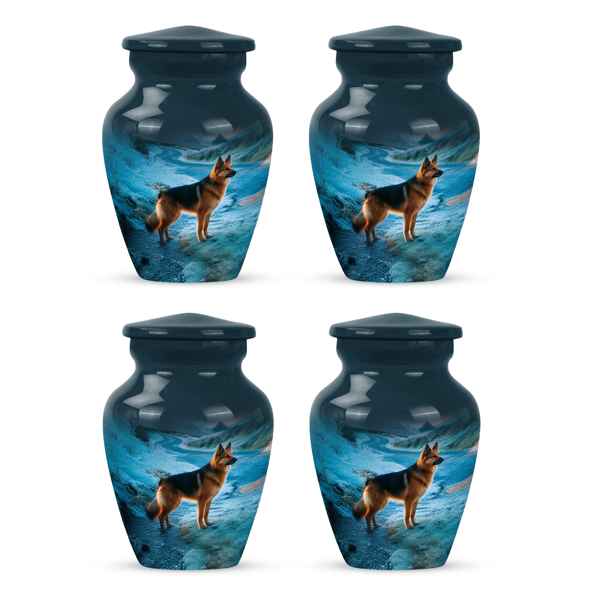 Twilight Blue Dog Cremation Urn side profile showing urn shape - traditional dog engraving with hand-polished finish - 10 inch aluminum urn for cremated remains