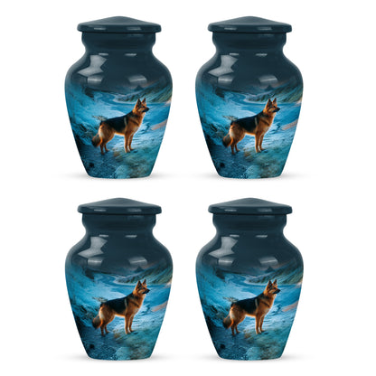 Twilight Blue Dog Cremation Urn side profile showing urn shape - traditional dog engraving with hand-polished finish - 10 inch aluminum urn for cremated remains