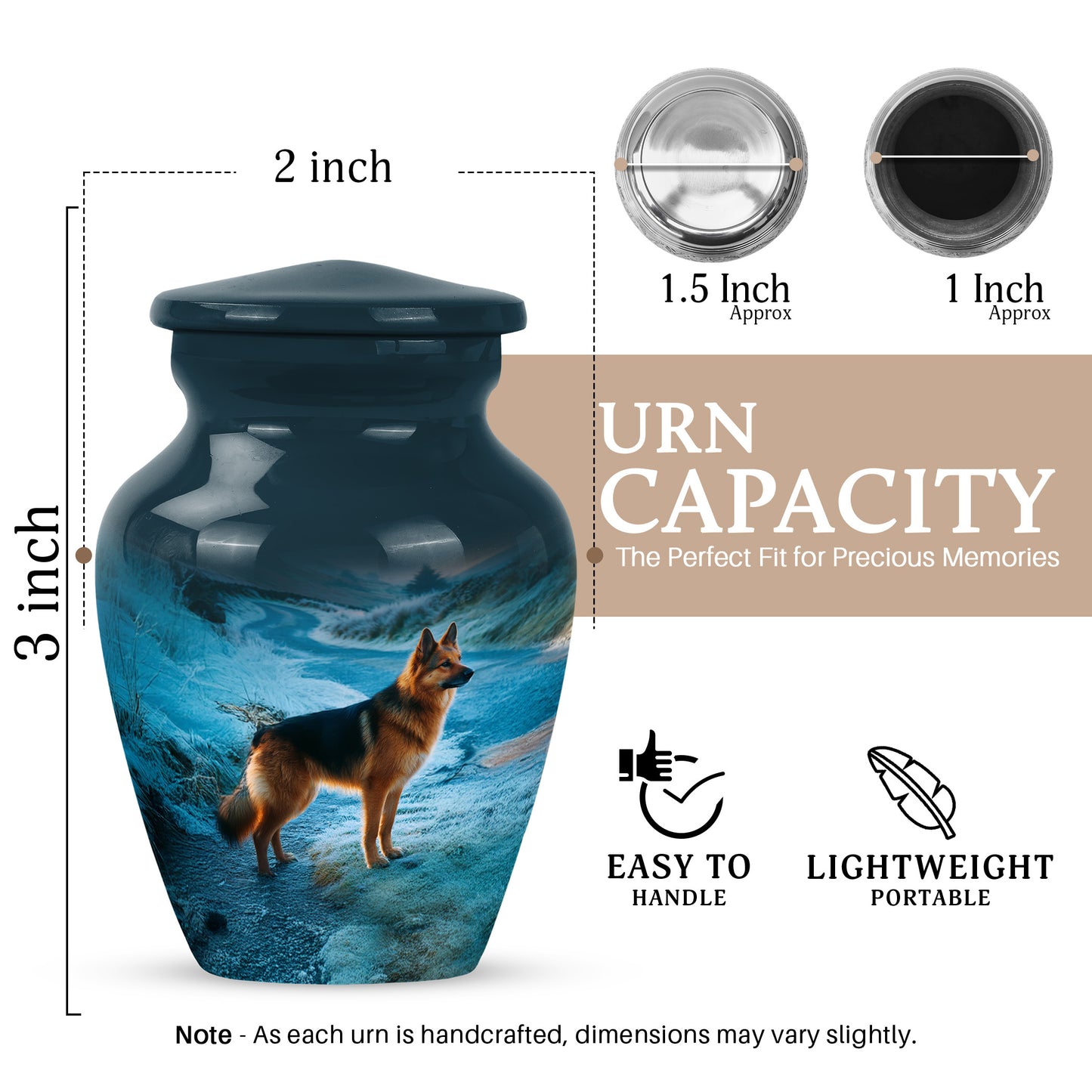 Azure Dog Cremation Urn close-up of engraving and surface detail - timeless dog motif etched into premium metal - mini keepsake memorial for portion of cremation ashes