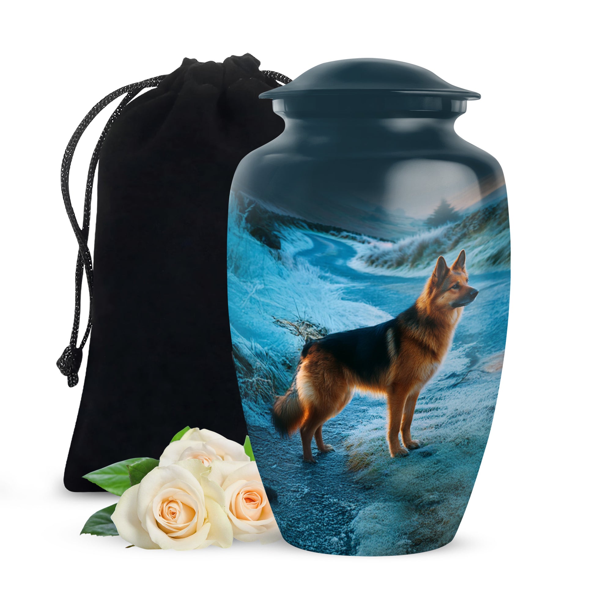 Misty Blue Dog Cremation Urn angled view of lid and engraved motif - timeless dog motif etched into premium metal - full-size 10 inch 200 cubic inch adult cremation urn