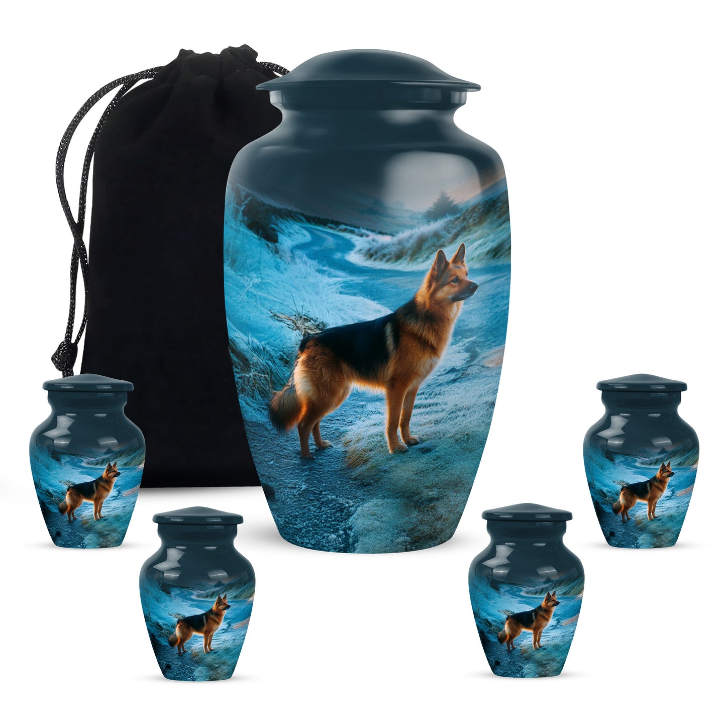 Royal Blue Dog Cremation Urn top-down view of secure threaded lid - elegant classic dog relief with fine detailing - memorial set with one large and four small urns