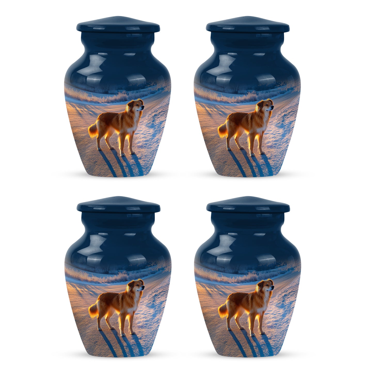 Azure Dog Cremation Urn side profile showing urn shape - timeless dog motif etched into premium metal - 10 inch aluminum urn for cremated remains