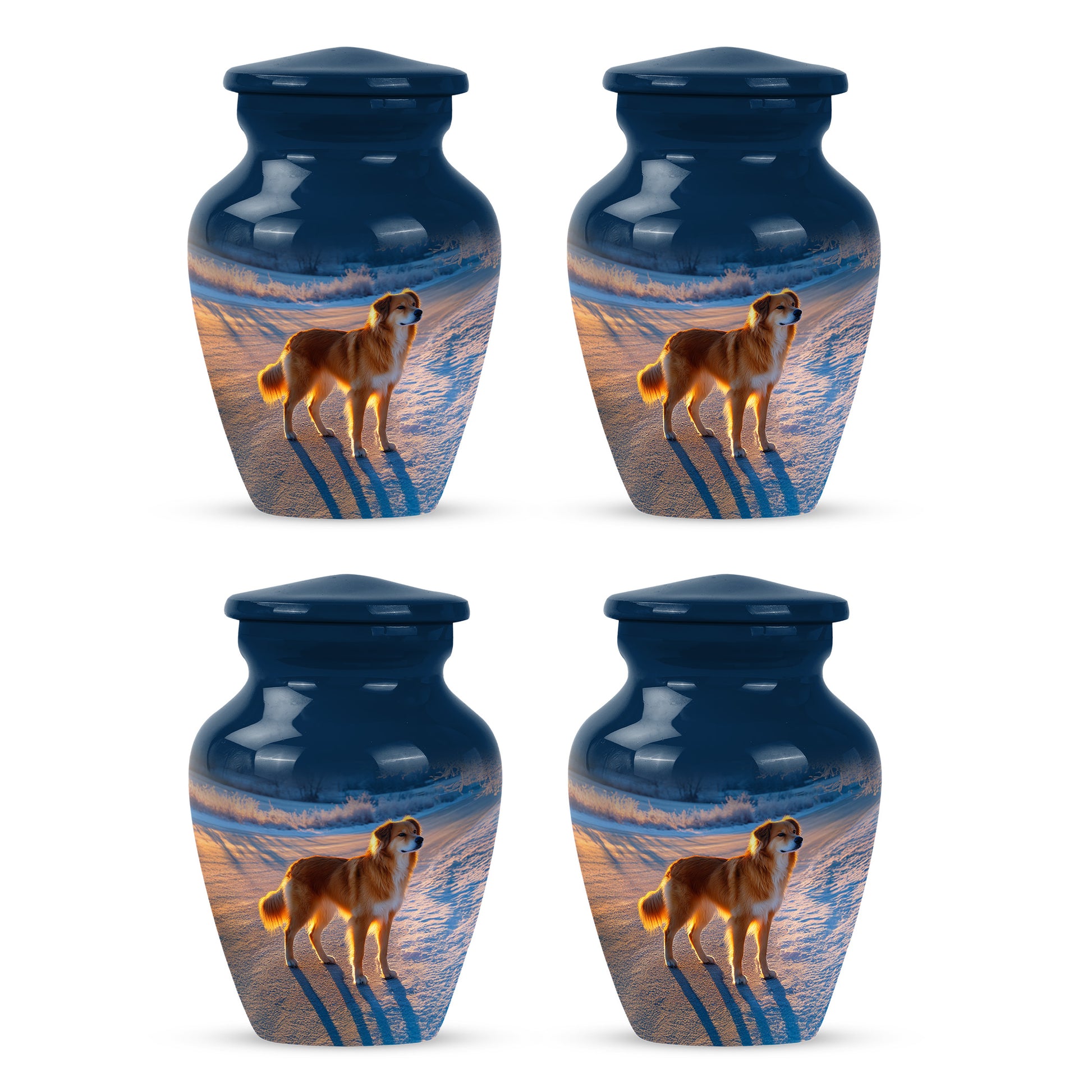 Azure Dog Cremation Urn side profile showing urn shape - timeless dog motif etched into premium metal - 10 inch aluminum urn for cremated remains
