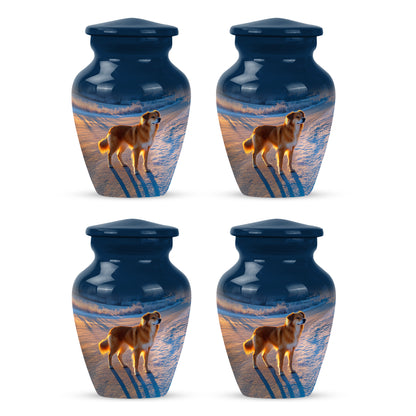 Azure Dog Cremation Urn side profile showing urn shape - timeless dog motif etched into premium metal - 10 inch aluminum urn for cremated remains