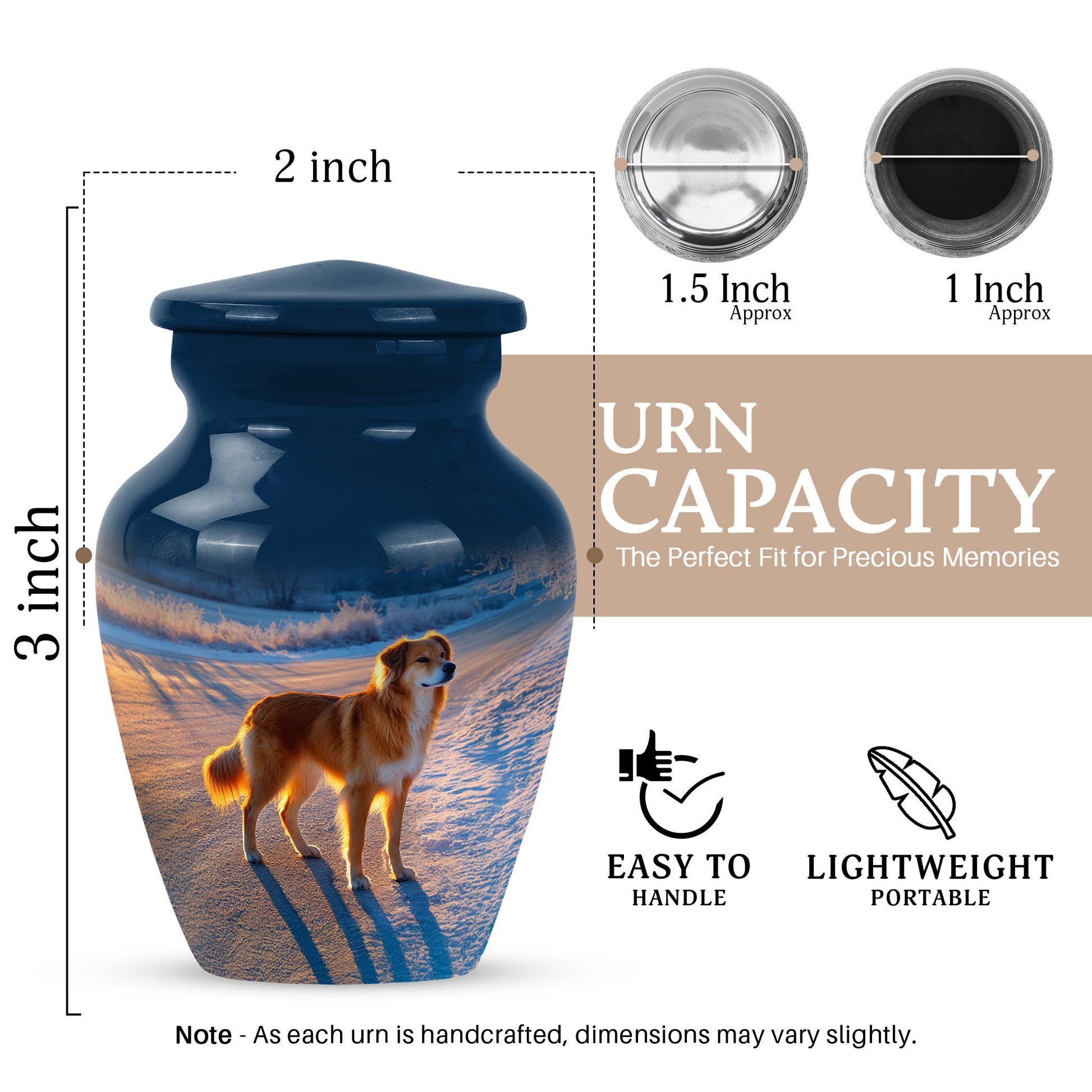 Calming Blue Dog Cremation Urn close-up of engraving and surface detail - traditional dog engraving with hand-polished finish - mini keepsake memorial for portion of cremation ashes