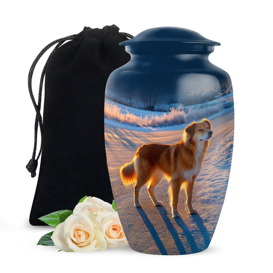 Twilight Blue Dog Cremation Urn angled view of lid and engraved motif - elegant classic dog relief with fine detailing - full-size 10 inch 200 cubic inch adult cremation urn