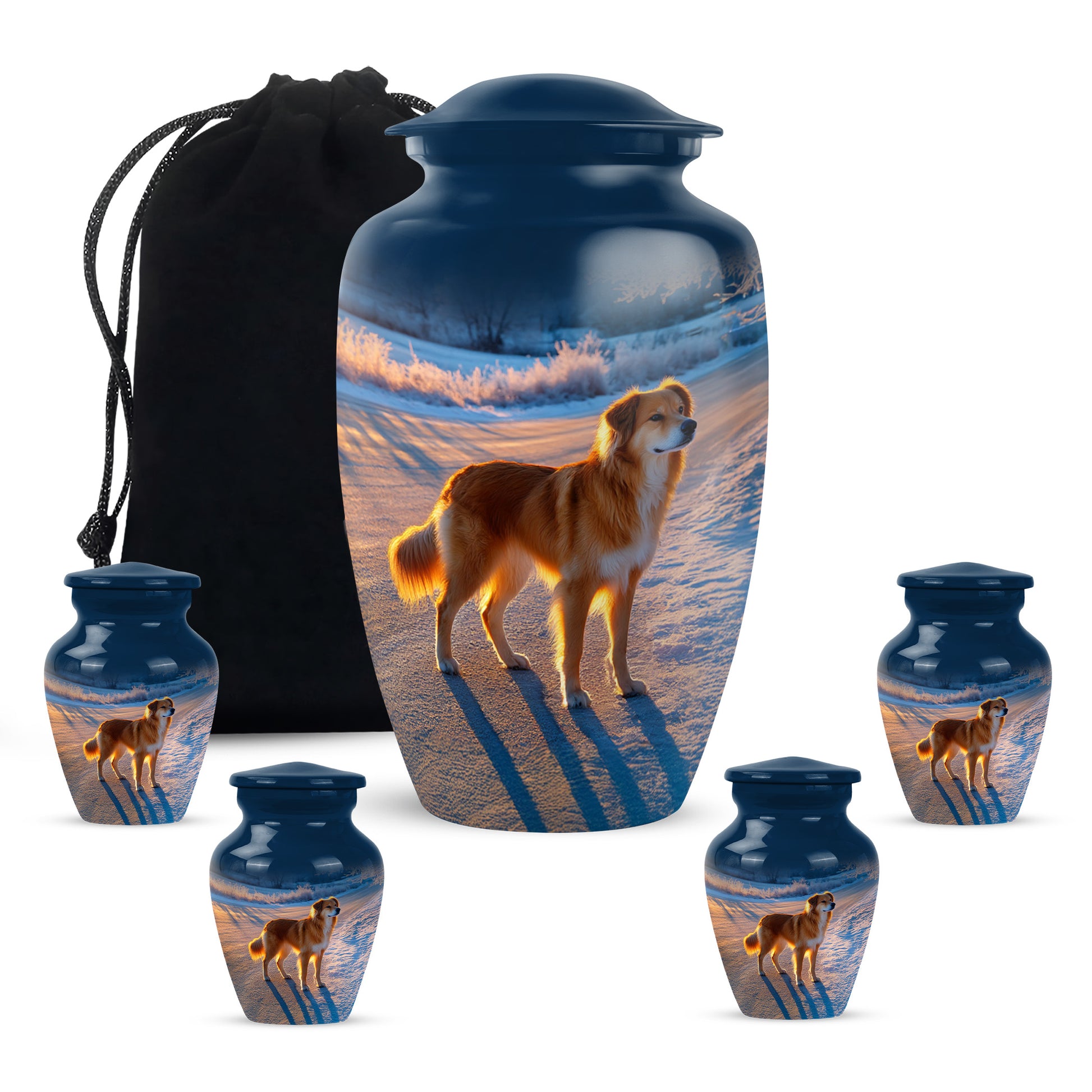Cobalt Blue Dog Cremation Urn top-down view of secure threaded lid - traditional dog engraving with hand-polished finish - memorial set with one large and four small urns