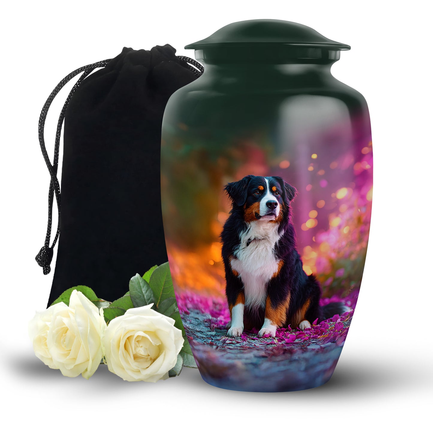 Verdant Green Dog Cremation Urn angled view of lid and engraved motif - classic sculpted dog pattern on smooth aluminum - full-size 10 inch 200 cubic inch adult cremation urn