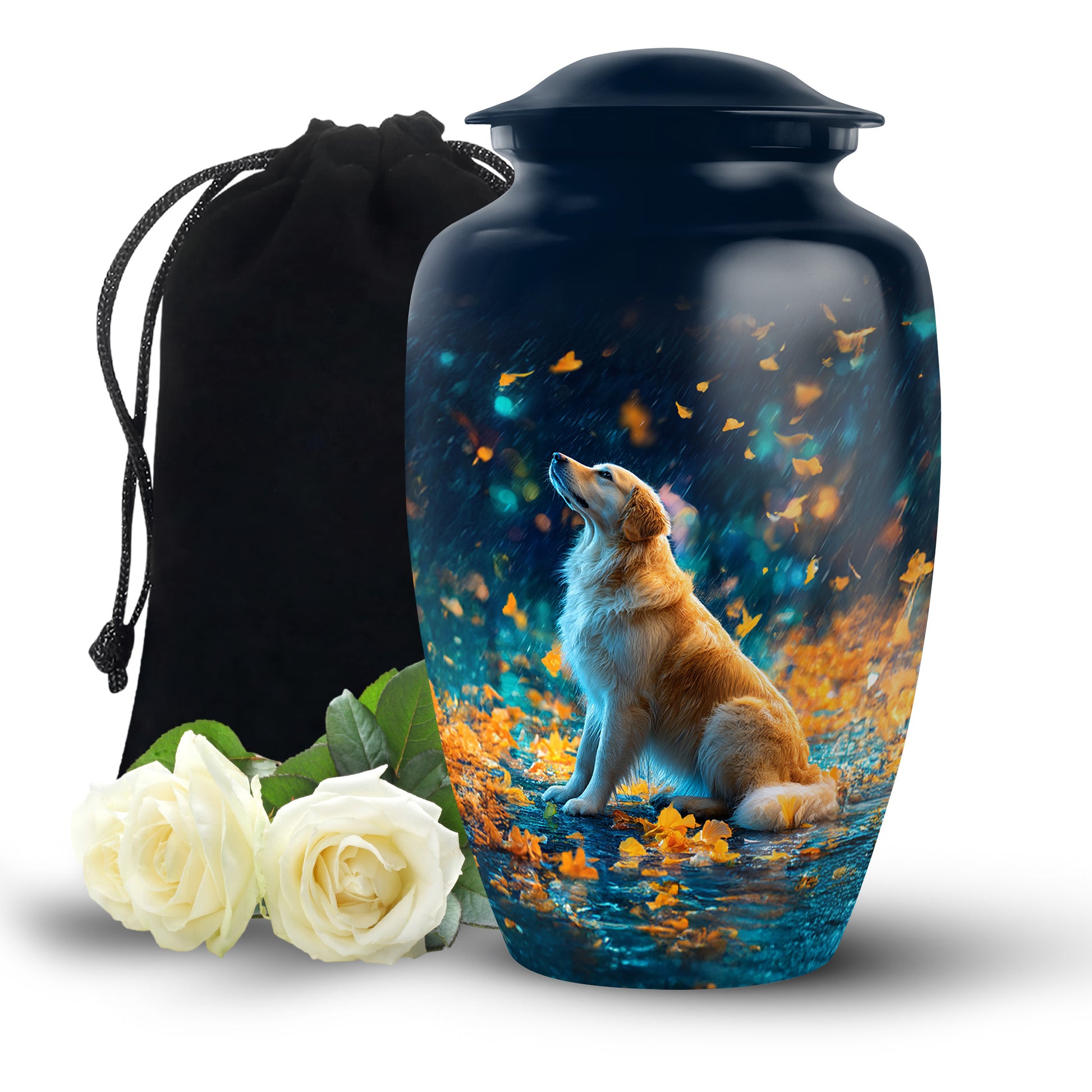 Twilight Blue Dog Cremation Urn angled view of lid and engraved motif - elegant classic dog relief with fine detailing - full-size 10 inch 200 cubic inch adult cremation urn