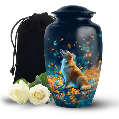 Twilight Blue Dog Cremation Urn angled view of lid and engraved motif - elegant classic dog relief with fine detailing - full-size 10 inch 200 cubic inch adult cremation urn