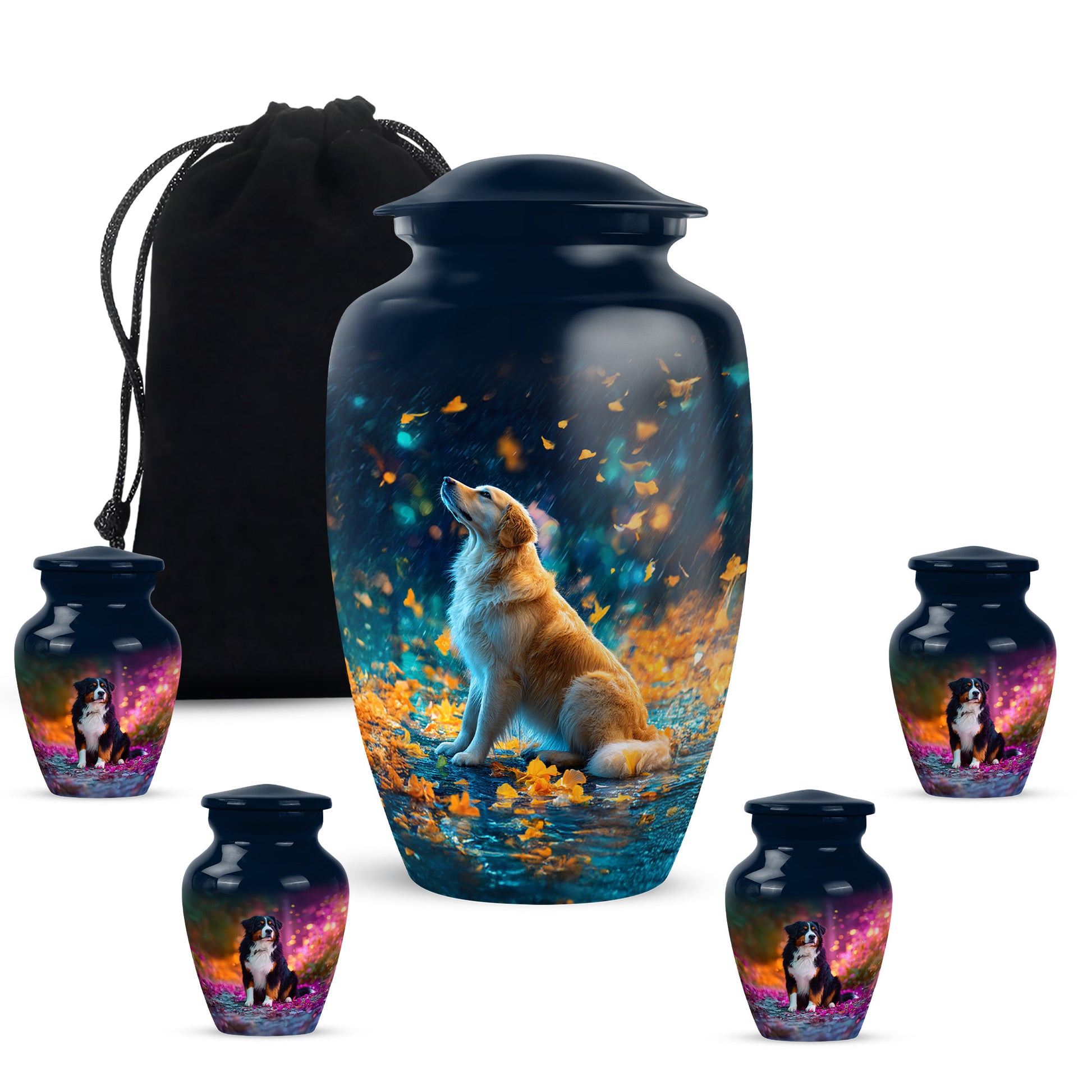Serene Blue Dog Cremation Urn top-down view of secure threaded lid - traditional dog engraving with hand-polished finish - memorial set with one large and four small urns