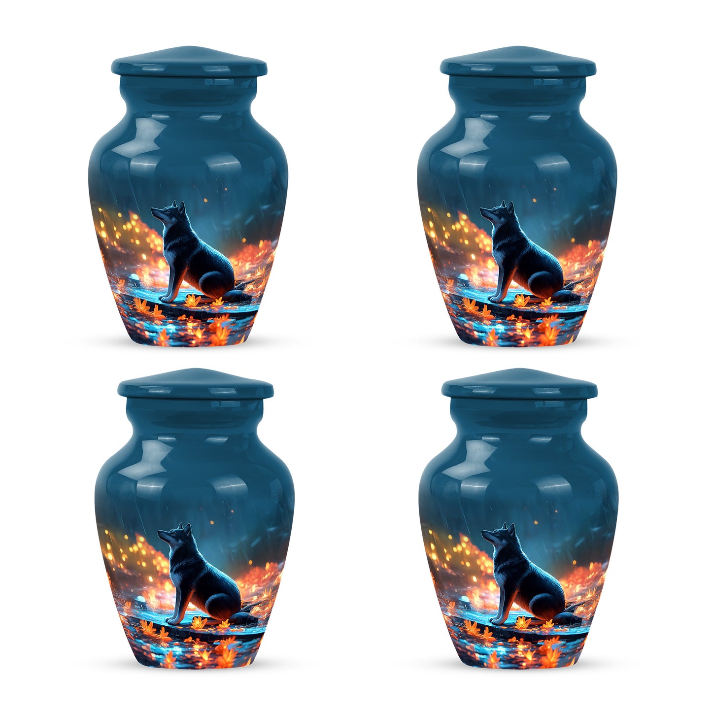 Sky Blue Dog Cremation Urn side profile showing urn shape - classic sculpted dog pattern on smooth aluminum - 10 inch aluminum urn for cremated remains